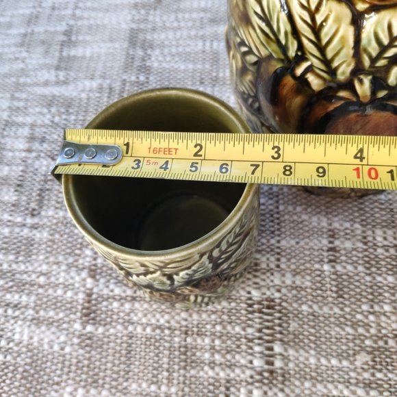 MCM Green Pitcher Set of 3 Reliefed Ceramic VTG Fruit Motif Pitcher and Tumblers - Picture 9 of 12